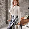 Spring Fashion Office Lady 2 Piece Set Women white Chiffon Lantern Sleeve Draped Shirt + Work Stripe Split Pencil Skirt Set 210514