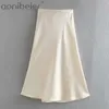 Elegante cetim suave midi longo saia verão moda uma linha balanço de cintura alta mulheres casuais meados de panturrilha saias femininas rosa 210604