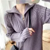 Zip-up Gestrickte Frauen Lange Pullover Kleid Herbst Winter Volle Hülse Drehen-unten Kragen Gerade Kleider Koreanische Mode Lose vestido 210513