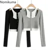 Nomikuma Fake Duas Peças Slim Mulheres Curtas Tops Coreano Patchwork Botons Hollow-Out Camisas Primavera Camisa de Manga Longa 6E150 210427