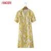 Tangada été femmes fleurs jaunes imprimer robe de style français boutons à manches courtes dames robe d'été 3Y10 210609