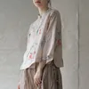 Johnature Women Retro Stand Collar Plate Buckle Fashion Floral Print Shirt Sommar bomull Linen Bekväma Kvinnor Toppar 210521