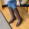 Retro vrouwen herfst laarzen lederen trends dikke hakken schoenen vrouw mode werkfeest knie hoge 210528