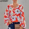 Kobiety Jesień Spadek Luźna Bluzka Koszula Kwiatowy Liść Drukuj V Neck Puff Długim Rękawem Casual Baggy Bluzki Plus Size Topy 210507