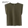 새로운 여성 패션 솔리드 컬러 어깨 패드 캐주얼 티셔츠 여성 기본 O 넥 민소매 니트 티셔츠 세련된 레저 탑 T678 210324
