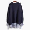 [EAM] Women Blue Fake Two Pleated Striped Dress Round Neck Long Sleeve Loose Fit Fashion Spring Autumn 1DD8220 210512