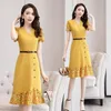 Summer Chiffton Belt Button Short Sleeve V-Neck Knee-Length A-Line Yellow Navy Blue Red Plus Size Women Cocktail Dresses