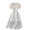 Women Fashion Summer A-line Dress Embroidery Lace V-neck Short Sleeve Slim Sweet White Vestidos S442 210527