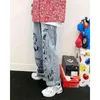 UNCLEDONJM Cartoon Jeans imprimés pour hommes BF Harajuku Fashion Brand Street Wear Casual Graffiti Loose Blue Jeans 210716