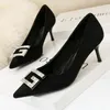 Элегантные женщины Flock Black Nude 9.5cm высокие каблуки хрустальные насосы роскоши дизайнерский офис Lady замшевые каблуки вечеринки обувь плюс размер