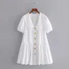 Elegant vit singelbröst bomull miniklänning sommar vintage kortärmad ihålig ut söta tjejer vackra klänningar 210521