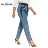 LIH HUA Women's Plus Size Casual Jeans High Flexibility Cotton Woven Thin Denim Trousers Softener with Elastic Waist 211129