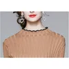 Winter Elegant Knitted Patchwork Pleated Dress Women Flare Sleeve Sweater Office Midi Vestidos With Belt 210520