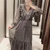 Vintage Women Grey Print Dress Fashion Ladies Ruffles V-Neck es Elegant Female Chiffon Loose Girl Chic Vestidos 210427
