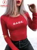 Seksi Kadınlar Bahar Sonbahar Ince T-Shirt Oymak Tasarım O-Boyun Uzun Kollu Mektup Baskı Meme Büyütme Kazaklar Top X0628