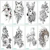 Black Sketch Tattoo Bady Art Sticker Horse Taty Wolf / Bird / Snake Fake Tattoo Tillfälliga Tatueringar Klistermärken Blommor Tatuagem