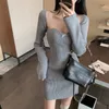 Seksi Kare Yaka Örgü Kadın Elbise Bahar Zarif Mini Elbise Kore Tarzı Ince Bel Bodycon Tasarım Vestidos 210422