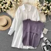 Women Autumn Japanese Shirt Dress Short Knitted Shawl Vest 2 Piece Female Solid Color All-match Two-Piece Set GK427 210507
