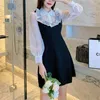 women autumn dress elegant Nail Bead A-Line vestidos Solid Puff Sleeve Empire Turn down Collar lace voile mesh Dress 210603