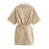 Sukienki dla kobiet Moda Khaki Cut Out High Street Mini Dress Kobieta Lato Going Vestidos Krótki Rękaw Przedni Pocket 210430