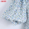 Tangada Women Retro Blue Floral Print Crop Shirt Puff Short Sleeve Summer Chic Female Sexy Slim Shirt Tops 6Z127 210609