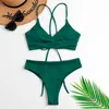 Kvinnors Badkläder Sexig Grön Och V-Neck Lace-up Bikini Set Kvinnor Två Pieces Swimsuits 2021 Tjej Beach Badräkt