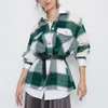 Mode Kvinnor Oversierad Plaid Jacket Pocket Now-down Collar Casual Koreansk stil Lång kappa Sleeve Fickor Toppar 210430