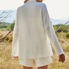 Pamuk Katı Beyaz Kadın Şort Set Düğme Turn-down Yaka Uzun Kollu Gömlek Ve Kısa Pantolon Bayanlar Takım Elbise Yaz Rahat 210518