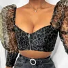 Sexy Woman Tshirts Gauze Leopard Print T-shirt Sex Square Collar Open Navel Short Bubble Sleeve Women's