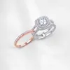 Hon Halo Cushion Cut Bridal Set Solid 925 Sterling Silver Plug-in Rose Gold Wedding Ring för Kvinnor Brilliant CZ 211217