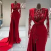 Rote Ballkleider mit langen Ärmeln nach Maß High Low Mermaid High Slpit SpitzeApplique Abend Cocktailpartykleid Plus Size Vestidos 2022