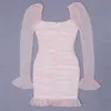 Women Sexy Designer Mesh Ruched Pink Bandage Dress Elegant Night Club Celebrity Chic Evening Party Vestido 210527