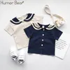 Humour Bear Japonais et coréen Style de la marine Enfants Sailor Collier Coton Lin T-shirt + Pantalon 2pcs Vêtements d'été Ensembles Garçons Filles Costume 210326