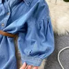 Summer Fashion Women Denim Dress One Shoulder Short Puff Sleeve Single Breasted A-line Casual Female Jeans with Belt 210603