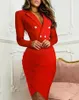 Casual Dresses Elegant Party Women Dress Slim V Neck Long Sleeve Mid Calf Pencil 2022 Office Lady Solid Red Robe
