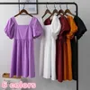 Klänning Kvinnor 6 Färger Hot Selling Vintage Lovely Puff Sleeve Sommar Chic High Waist Preppy Girls Dresses Trendy Solid Ins Vestido Y1006