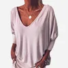 Styl V-Neck Bat Seven Minute Rękaw T-Shirt Bluzka dla Damskich 211115