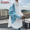 Zongke Camicie Casual Per Uomo Abbigliamento Moda Streetwear Manica Lunga Patchwork Bianco M-3XL 210721