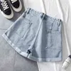 Mulheres streetwear bolso largo perna azul denim shorts verão casual feminino solto cintura alta calça jeans 210430