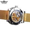 Gagnant montres dorées hommes squelette montre mécanique maille de cristal mince bande en acier inoxydable marque main vent montre-bracelet