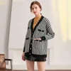 Casual Long Striked Pink Cardigan Kvinna Höst Vinter Drop Shoulder Sweater Coat Basic Button Women's Houndstooth Tops C-308 211215