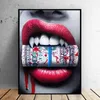 Wall Art Sexy Red Lips Bite Bullet and Money Modern Canvas Paintings For Living Room Posters & Prints Home Decor