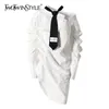 Irregular Patchwork Tie Dress For Women Long Sleeve White Ruched Elegant Midi Shirt Dresses Female Fashion 210520