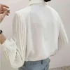 Spring Fashion Creamy-White Plissed Långärmad Blus Kvinnor Lace Shirts Lapel Lady Tops Elegant Top Kvinna 12637 210521