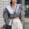 Высокое качество Корейский питер Peter Pan Wolle Blouse Woman Crop Top Poe Poe с длинным рукавом короткая рубашка пружина Blusas de Mujer 210514