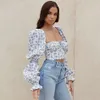 Gratis Fashion Blue Print Crop Top Women Sexy Square Neck Puff Sleeve Club Celebrity Party Lace-Up Shirt 210524