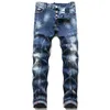 Męskie fajne rozdarcia Stretch designerskie dżinsy w trudnej sytuacji Ripped Biker Slim Fit myte motocyklowe Denim męskie hip-hopowe modne męskie spodnie T1019