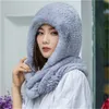 One Set Real Rabbit Fur Scarf and Hat Warm Hooded Knitted Shawl Wrap Collar Cap