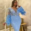 ELIE SAAB 2021 COCKAIL Dresses Feather Sheer V Neck Light Sky Blue Lace Pärled Short Prom Gowns Sexig Formal Evening Party Dress283h
