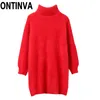Autumn and Winter Turtleneck Long Sweater Soft Milk Blue Mink Pullover Knitting Loose Red White Warm Jumper Knitwear Dress 210527
